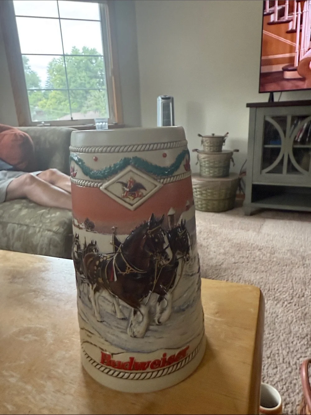Budweiser American homestead Holiday Ceramic Stein - Cream and Green